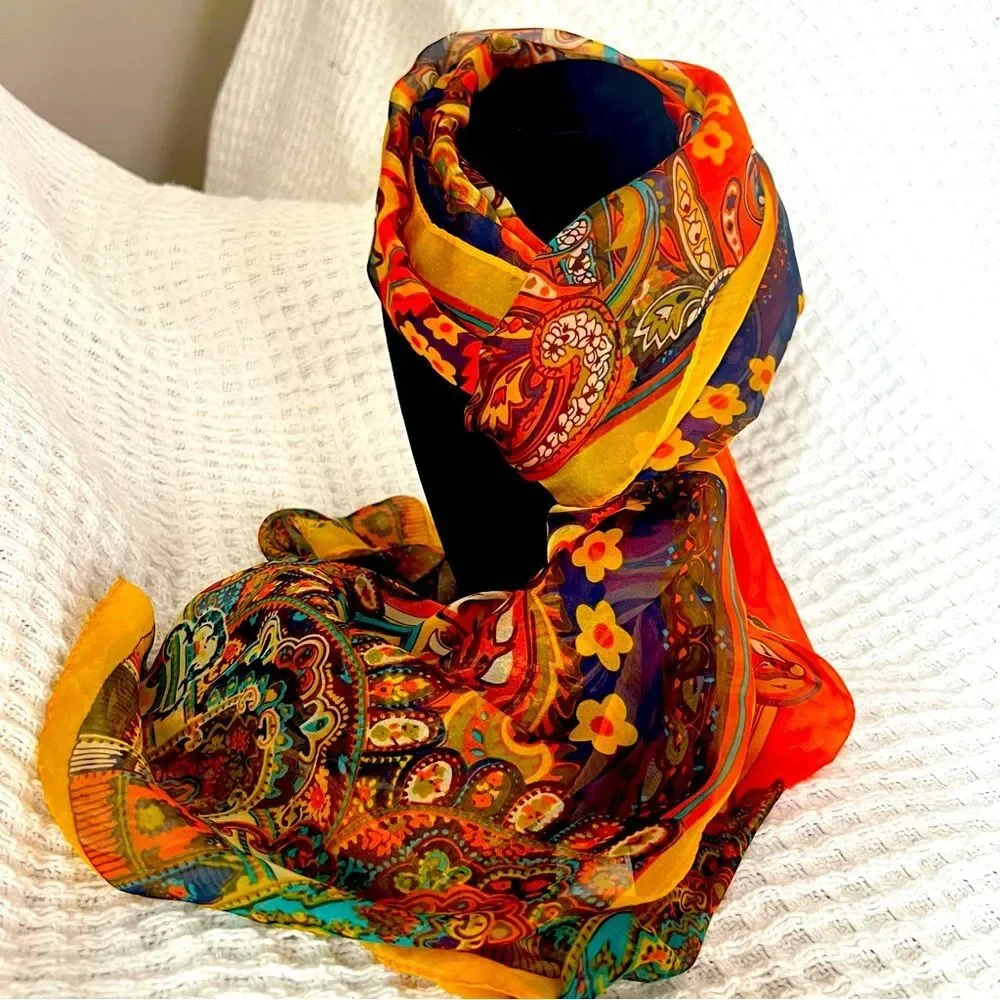 Scarf Large Multi Color Orange Yellow Layering Paisley Scarf Shawl
